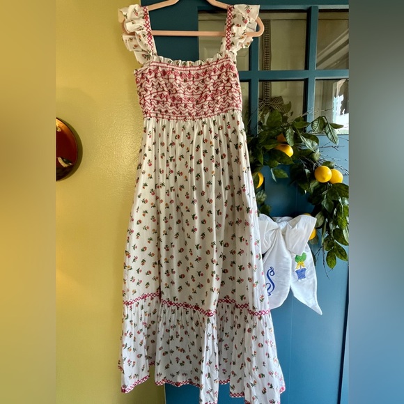 Pink City Prints Hand Smocked Sun Dress Pink Floral Flutter Sleeves Small S - Picture 5 of 7